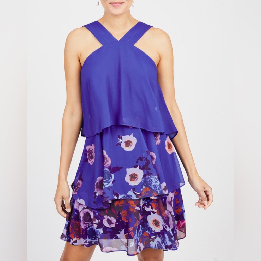 Badgley Mischka Popover Ruffle Mini Dress Blue Floral Size 2 Sleeveless Sundress - Picture 1 of 14